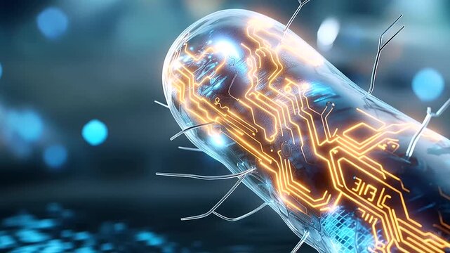 Abstract concept visualization of a technologically advanced bacterium with fine embedded circuit patterns visible through its transparent cell wall blue bioluminescent light