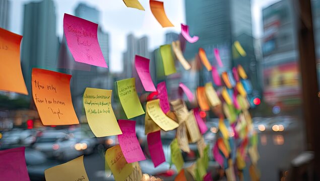 Colorful sticky notes on a glass surface with a blurred city background