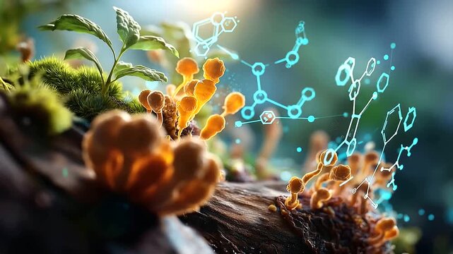 Abstract ecological visualization of decomposers at work a vivid microscopic illustration of bacteria and fungal filaments breaking down organic leaf litter in fine detail