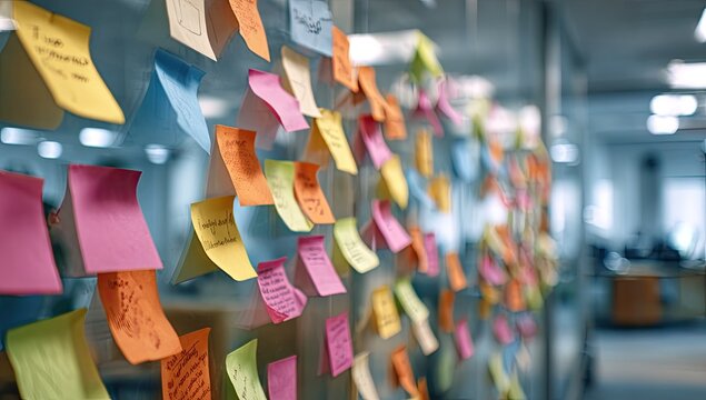 A glass wall covered in colorful sticky notes with handwritten ideas