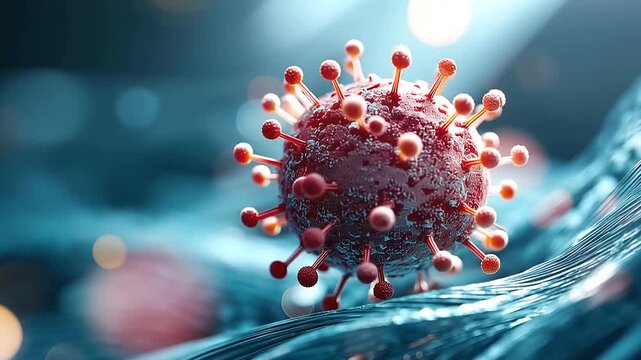 Abstract macro 3D render of a virus particle on a simulated fabric weave surface the fine microfibre texture of the weave visible in extraordinary detail alongside the virus