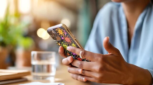 Close up of a faceless person's hands from above holding a smartphone colorful cartoon microbe sticker decals applied to the phone case surface in a visual hygiene