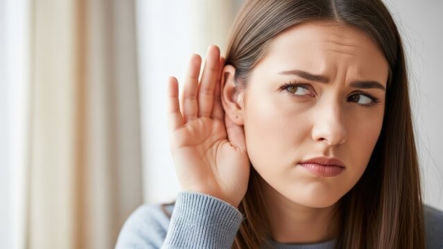 Woman struggling with hearing loss, holding her ear to listen, indicating deafness, ear disease, or a hearing problem