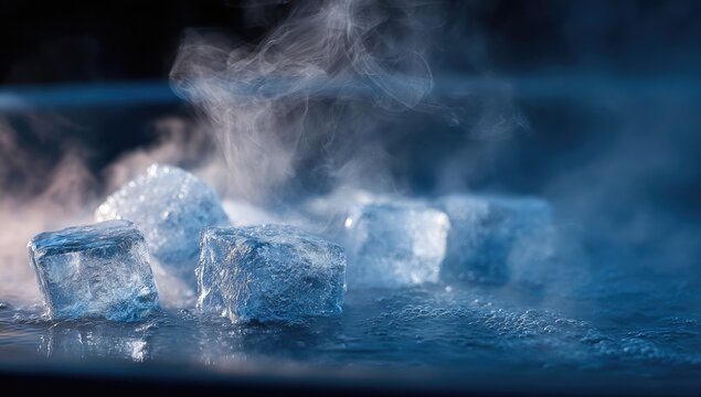 Close-up of Ice Cubes with Dry Ice Fog Effect.
