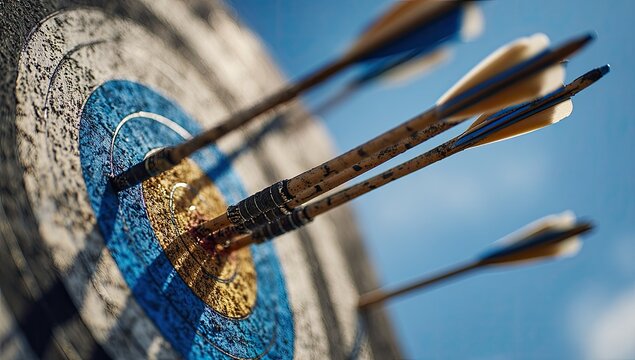 Archery arrows deeply pierce a target against a clear blue sky