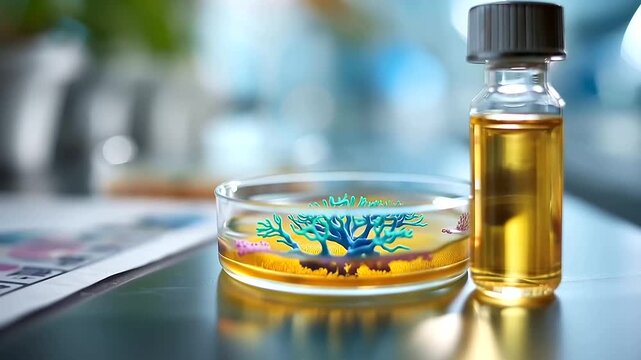 Close up still life of a clinical laboratory vial beside a printed antibiotic susceptibility test plate on a bright clean laboratory surface the test plate showing