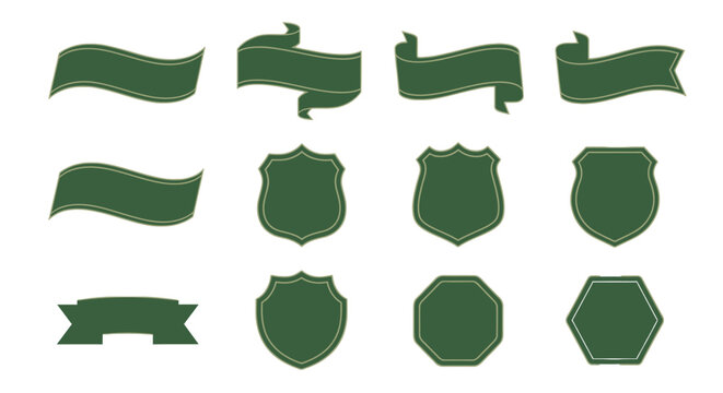 A collection of twelve dark green labels and banners with gold trim