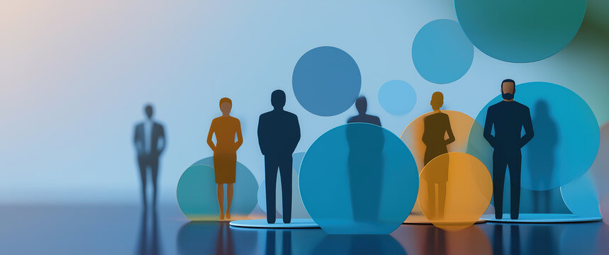 Abstract three-dimensional figurines representing diverse professionals stand beside translucent colorful overlapping circles.