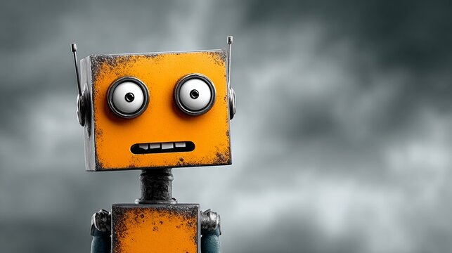 Small, orange robot with wide, bulging eyes and a grumpy expression. Its metallic body shows wear and tear. Dark, stormy clouds fill the background. The robot looks anxious or worried