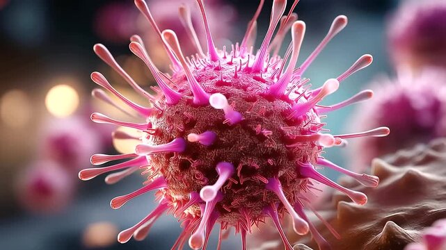 Macro 3D render close up of a single vivid pink bacterium with fine spike like surface projections arranged symmetrically around its body the cell surface catching a warm ambient