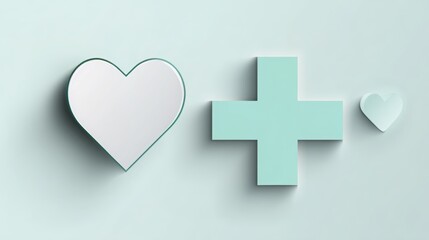 Obraz premium Heart symbol and medical cross combining on a light blue background, illustrating concepts of health, medical care, charity, wellbeing, and patient support