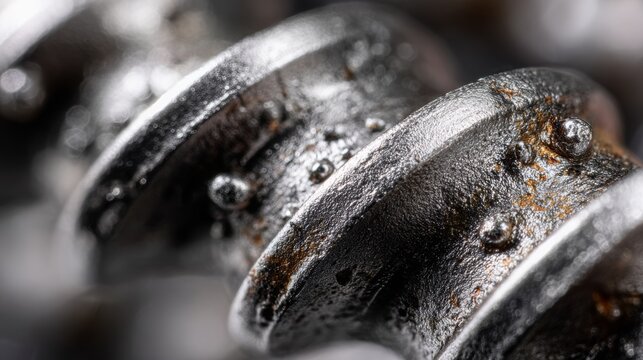 Metal screw thread in a detailed macro view showing rough texture, pitting, and hints of rust, capturing industrial wear and mechanical hardware elements
