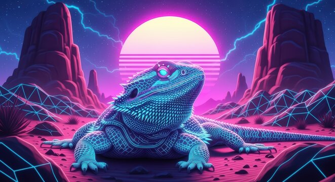 Cyberpunk Bearded Dragon in Neon Desert Landscape with Retro Sunset