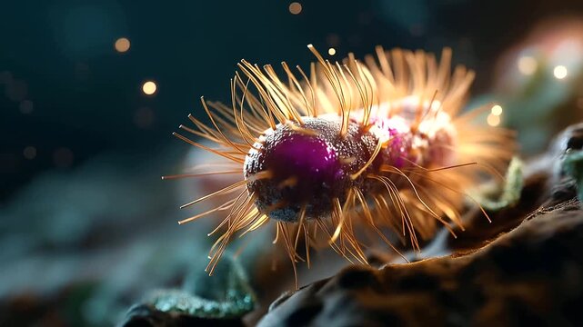 Macro 3D render of a vivid soil bacterium known for decomposition and fermentation roles the organism's surface structures and fine endospore details rendered in