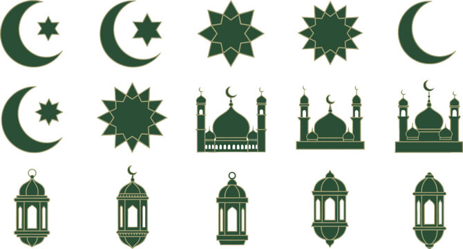 Collection of green Islamic symbols crescents stars mosques and lanterns