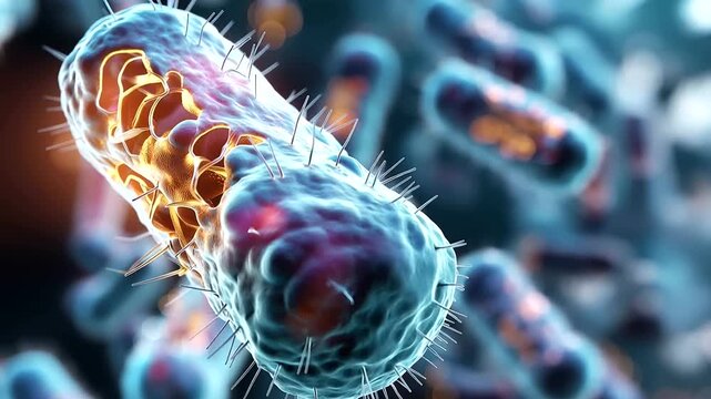 Macro photography close up of a single bacterium in vivid microscopic detail fine surface structures and internal cell components visible in extraordinary resolution the