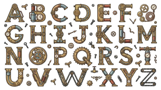 Steampunk Mechanical Alphabet Letters with Gears Pipes and Clocks Vector Illustration