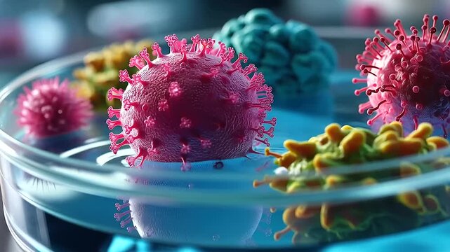 Macro close up view of mixed bacteria and virus cells rendered in vivid scientific illustration style in a bright laboratory petri dish multiple cell types in vivid contrasting
