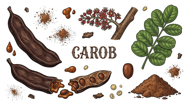 Hand Drawn Carob Set with Pods, Seeds, Flowers, Leaves and Powder. Vector Botanical Illustration of Ceratonia Siliqua for Food Packaging and Organic Product Design