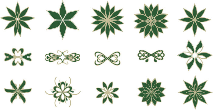 Fifteen green and gold stylized floral and knotwork ornamental design elements