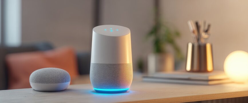 Smart Home Devices on a Table with Ambient Lighting.