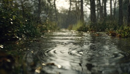Fototapeta premium Rainy Forest Path with Rippling Water Reflections.