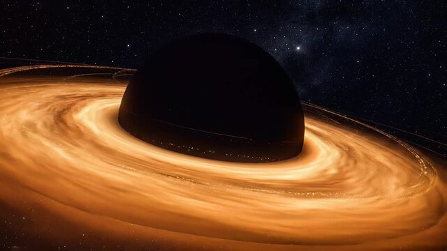 Black hole, glowing orange accretion disk, swirling vortex of light, deep space stars background, symbolizing cosmic power and mystery, rotating shot