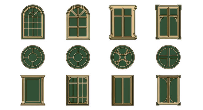 Twelve distinct architectural window designs arranged in three rows
