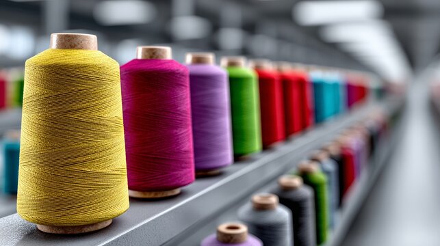 Colorful thread spools line a factory conveyor belt. Vibrant yellows, pinks, greens, and reds create a bright pattern. Each spool holds tightly wound fabric threads