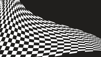 Naklejka premium Dynamic black and white checkered racing flag wave pattern on dark background for sports tournaments