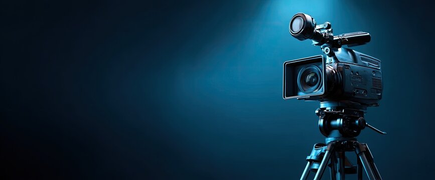 Professional video camera on a tripod illuminated by a spotlight against a dark blue background.