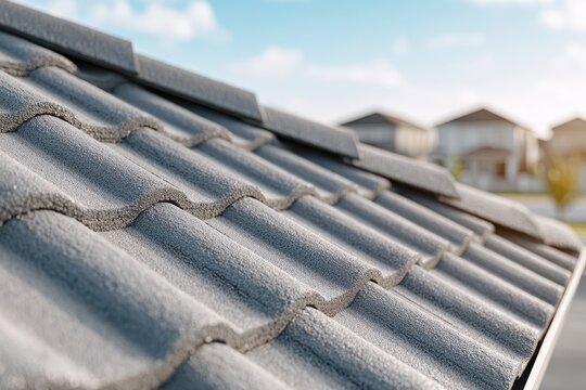Close-up of a grey concrete tile roof with a shallow depth of field and buildings in the background shows quality construction and new residential homes.