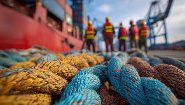 Close-up of thick mooring ropes on a dock with a large cargo ship and dockworkers in the background.