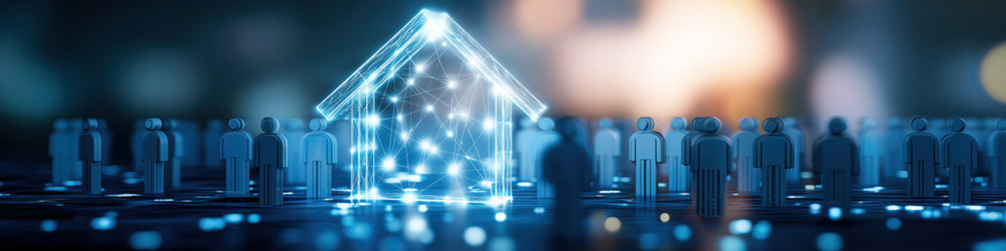 Glowing wireframe house surrounded by rows of digital human figures.
