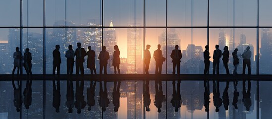 Obraz na płótnie Canvas Silhouetted business team looking out a panoramic window at a city at sunrise