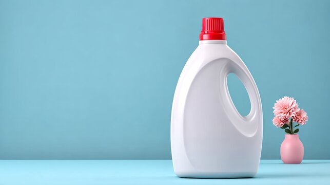 White bottle with red cap stands beside small pink flower. Flower blooms in pink vase on blue surface. Clean background suggests fresh, minimalist aesthetic. Suitable for laundry, cleaning