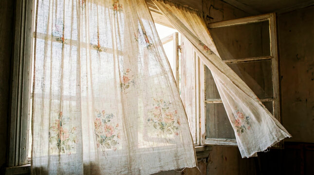 Vintage floral lace curtains blowing in wind by open window for romantic home decor blogs, nostalgic lifestyle content, interior design inspiration and seasonal mood backgrounds with copy space
