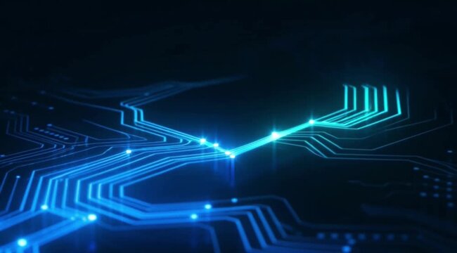 Glowing blue circuit board lines and lights on dark background, technology concept