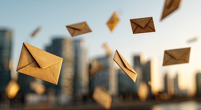 Many small envelopes floating through the air with city buildings in the background