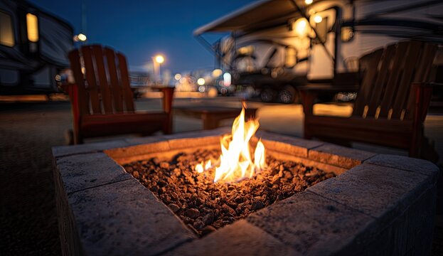 Cozy Campfire Scene with Adirondack Chairs at Dusk.