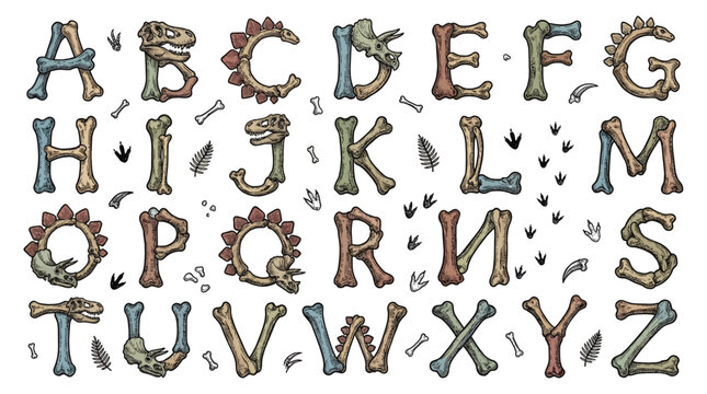 Prehistoric Dinosaur Alphabet Vector Illustration Featuring Letters Made of Fossilized Bones and Skulls