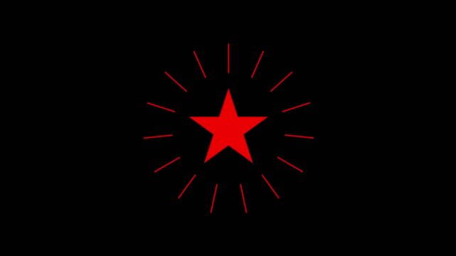 Red star symbol with radiating lines on black background, communist, socialist, starburst, emblem, red starburst, star emblem, socialist symbol, communist star.