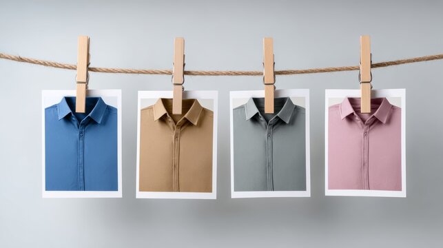 Four folded shirts hang on a clothesline with wooden pegs. Shirts display neutral tones: blue, tan, gray, and pink. Each shirt is neatly folded, showing collar and buttons. Image conveys organization
