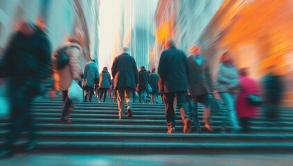Obraz premium Blurred motion of diverse people ascending a grand staircase in a bustling urban environment.