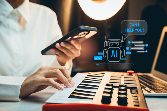 AI assistant concept. Person using smartphone while playing midi keyboard music controller, virtual chatbot interface with robot icon and help message on screen, artificial intelligence assistant