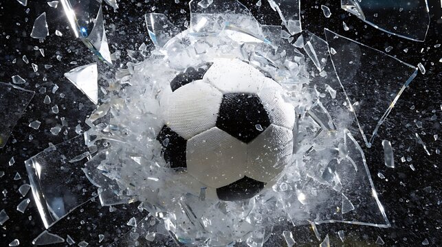 Soccer ball smashing through a broken glass window with shards flying everywhere around it