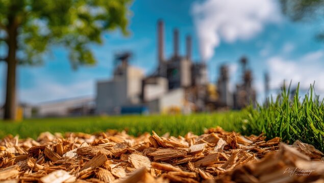 Industrial Power Plant with Green Grass and Wood Chips in Foreground.