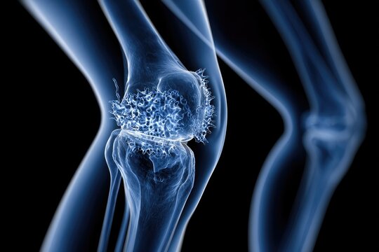 X-ray of a diseased human knee joint with bone damage and inflammation