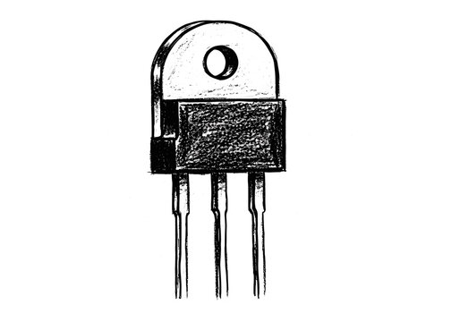 Hand-drawn illustration of a TO-220 package transistor with three leads and a mounting hole