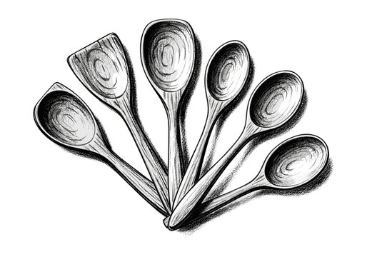 Collection of wooden spoons and spatulas arranged in a fan shape, hand-drawn illustration